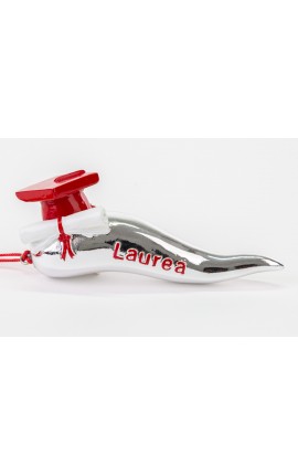Bomboniera Laurea Corno Laurea Resina Argento e Rosso Tocco Pergamena 10x4 CM