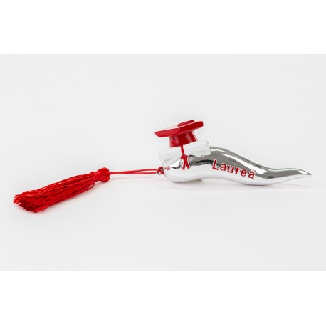 Bomboniera Laurea Corno Laurea Resina Argento e Rosso Tocco Pergamena 10x4 CM