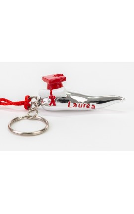 Bomboniera Laurea Portachiavi Corno Laurea Resina Argento e Rosso Tocco Pergamena