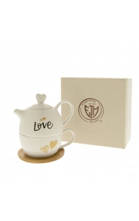 Bomboniera Matrimonio Teiera Set  Te' Porcellana e Legno Love Con Box