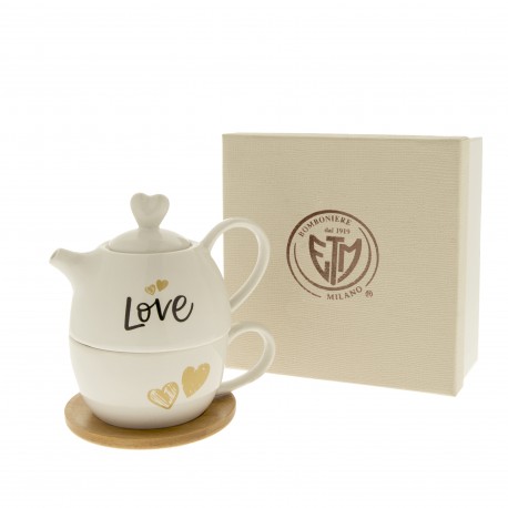 Bomboniera Matrimonio Teiera Set  Te' Porcellana e Legno Love Con Box