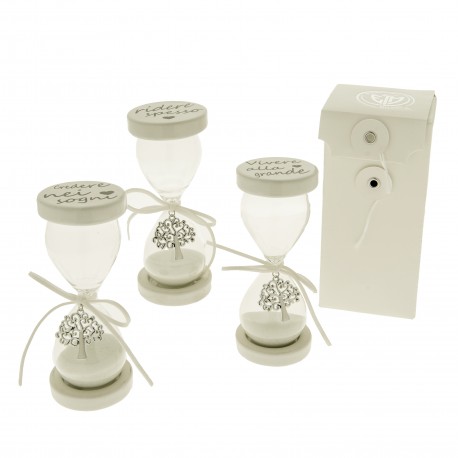 Bomboniera Clessidra artistica in Vetro e Legno con Albero della Vita h.15 cm con Box 3 Ass