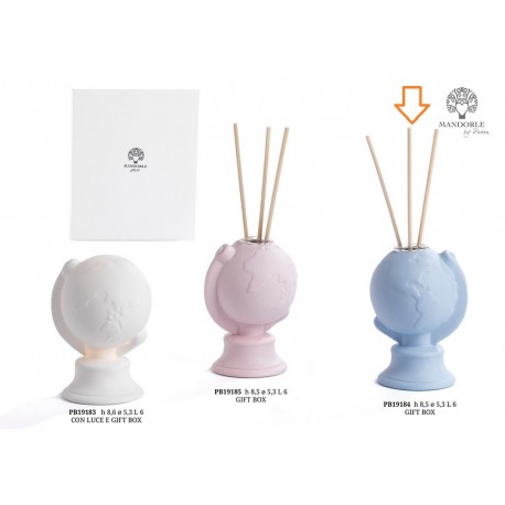 Bomboniera Battesimo Compleanno Profumatore Diffusore Mappamondo Porcellana Celeste Con Box