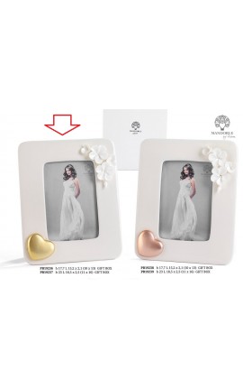 Bomboniera Matrimonio Portafoto Porcellana Bianco Con Fiori Cuore Oro Porcellana Con Box