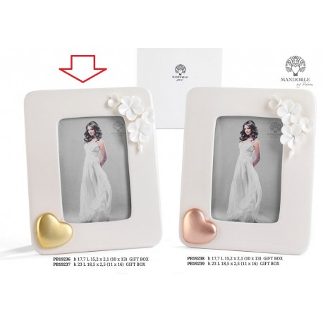 Bomboniera Matrimonio Portafoto Porcellana Bianco Con Fiori Cuore Oro Porcellana Con Box