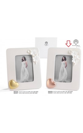 Bomboniera Matrimonio Portafoto Porcellana Bianco Con Fiori Cuore Oro Rosa Porcellana Con Box