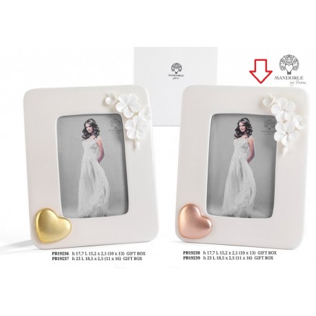 Bomboniera Matrimonio Portafoto Porcellana Bianco Con Fiori Cuore Oro Rosa Porcellana Con Box