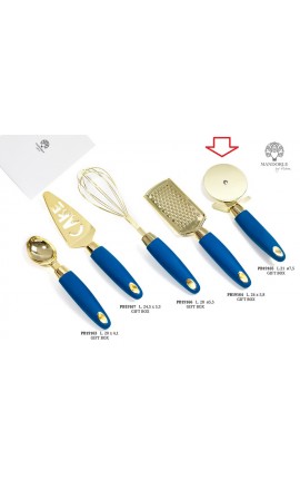 Bomboniera Matrimonio Taglia Pizza Rotella Pizza Blu e Oro Metallo Plastica Con Boz