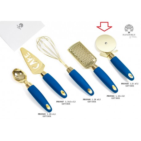 Bomboniera Matrimonio Taglia Pizza Rotella Pizza Blu e Oro Metallo Plastica Con Boz