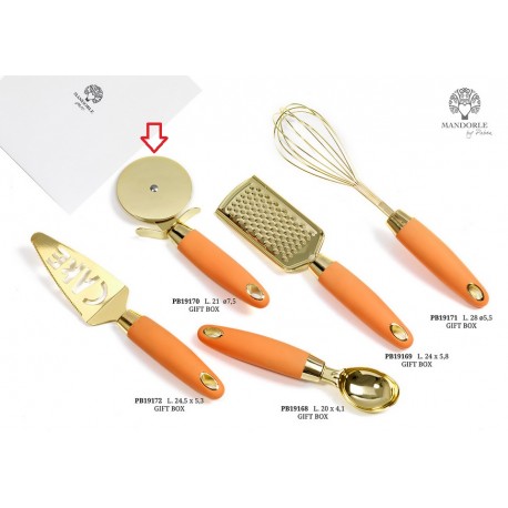Bomboniera Matrimonio Taglia Pizza Rotella Pizza Arancione e Oro Metallo Plastica Con Box