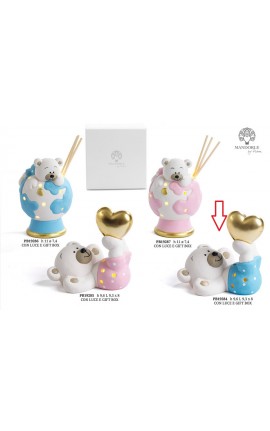 Bomboniera Battesimo Nascita Compleanno Orsetto Sdratiato Cuore Oro Celeste Bimbo Led Con Box