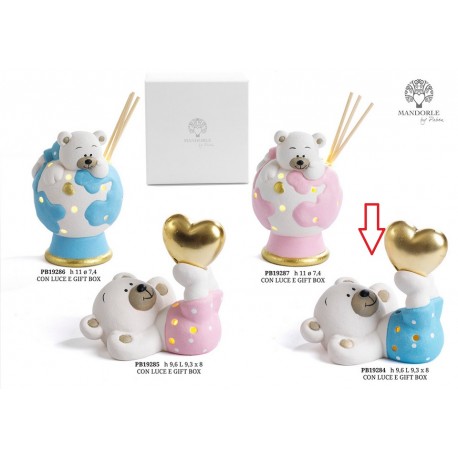 Bomboniera Battesimo Nascita Compleanno Orsetto Sdratiato Cuore Oro Celeste Bimbo Led Con Box