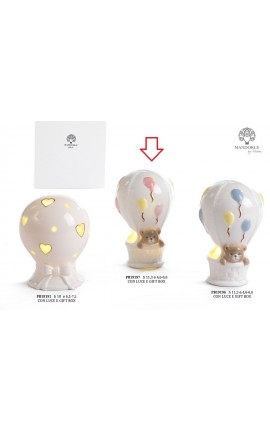 Bomboniera Battesimo Nascita Compleanno Mongolfiera Orsetto Porcellana Led Rosa Bimba Con Box