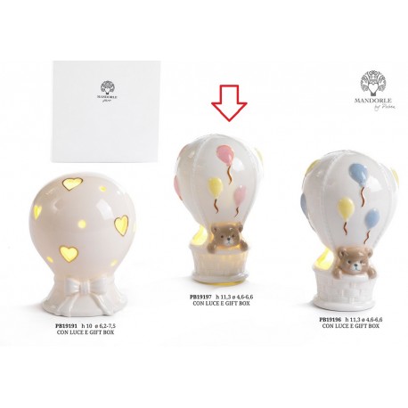 Bomboniera Battesimo Nascita Compleanno Mongolfiera Orsetto Porcellana Led Rosa Bimba Con Box