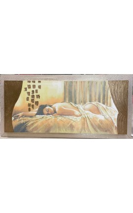 Quadro Capezzale Damma Donna Ecopelle Stampa Su Tela Con Rilievi Glitter Oro Legno