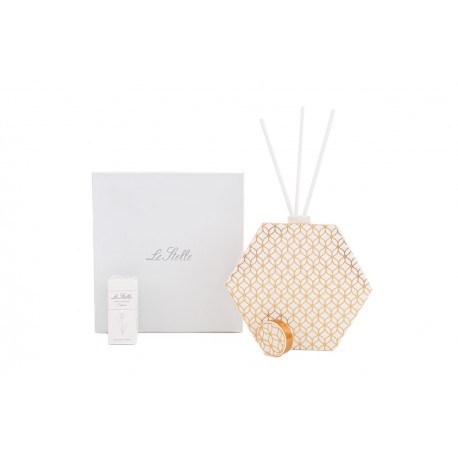 Bomboniera Matrimonio Profumatore Diffusore Esagonale Hypnosis Bianco e Oro Con Astuccio h.14,5 Cm