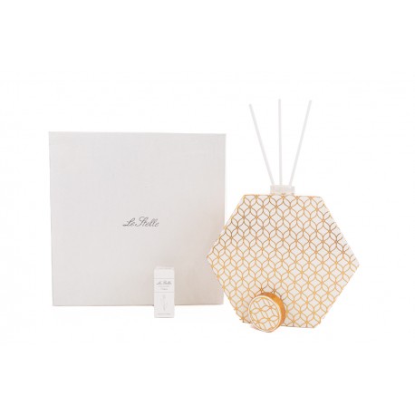 Bomboniera Matrimonio Profumatore Diffusore Esagonale Hypnosis Bianco e Oro Con Astuccio h.20 Cm