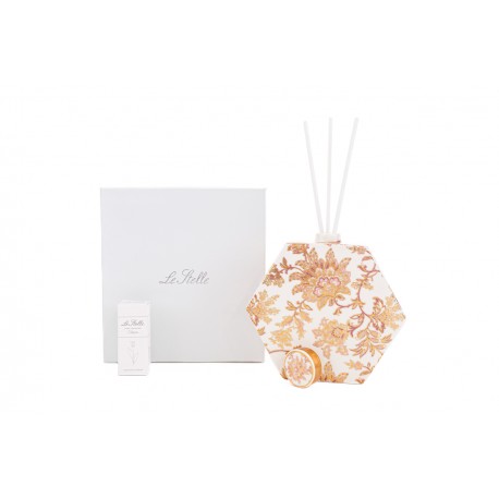 Bomboniera Matrimonio Profumatore Diffusore Esagonale Thai Flower Bianco e Oro Con Astuccio H.14,5 Cm