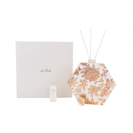 Bomboniera Matrimonio Profumatore Diffusore Esagonale Thai Flower Bianco e Oro Con Astuccio H.20 Cm