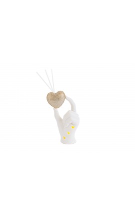 Bomboniera Matrimonio Profumatore Diffusore Mano Cuore Led Porcellana Bianco e Oro Con Astuccio