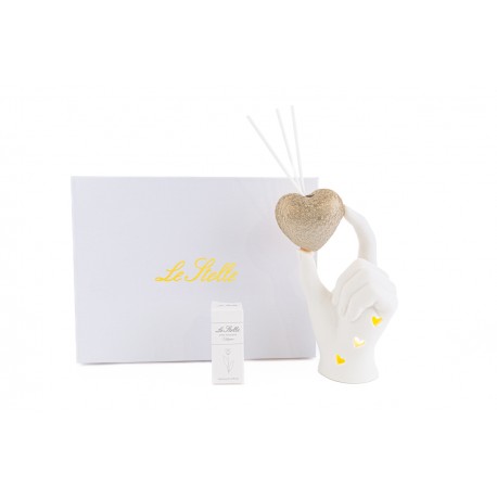 Bomboniera Matrimonio Profumatore Diffusore Mano Cuore Led Porcellana Bianco e Oro Con Astuccio