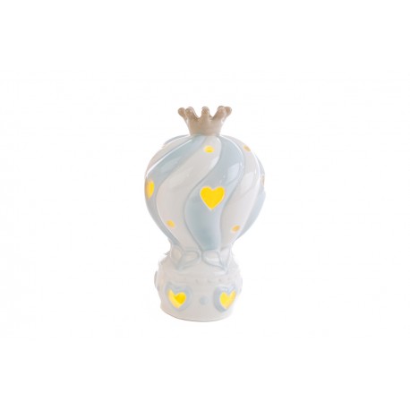 Bomboniera Battesimo Nascita Compleanno Mongolfiera Led Porcellana Celeste Bimbo 9 X 14 CM