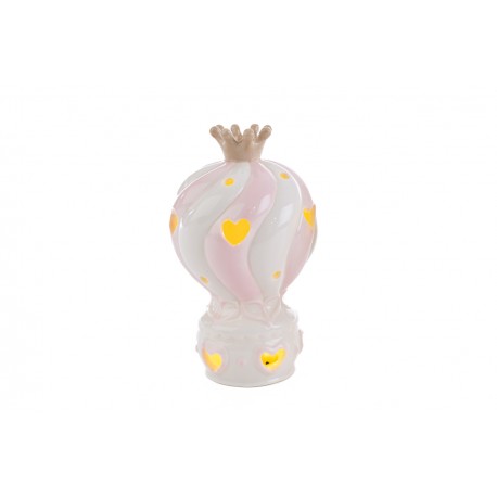 Bomboniera Battesimo Nascita Compleanno Mongolfiera Led Porcellana Rosa Bimba 9 X 14 CM