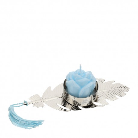Bomboniera Matrimonio Portacandela Foglia Argento Con Candela Azzurra HERVIT