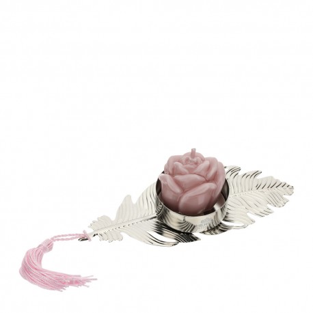 Bomboniera Matrimonio Portacandela Foglia Argento Con Candela Rosa HERVIT