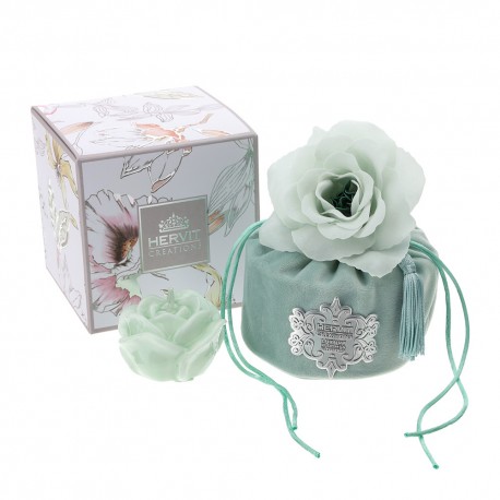 Bomboniera Matrimonio Secchiello In Velluto Verde Con Candela Rosa Verde HERVIT