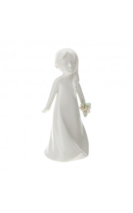 Bomboniera Comunione Bimba Porcellana Bianca Con Treccia e Mazzo di Fiori In Mano Royal Class Hervit