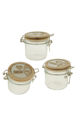 Bomboniera Matrimonio Compleanno Barattolo Barattolino Vetro e Legno 3 Assortiti h.8 Cm