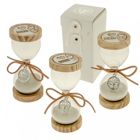 Bomboniera Matrimonio Compleanno Clessidra Albero Della Vita Vetro e Legno 3 Assortite Con Box