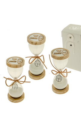Bomboniera Matrimonio Compleanno Clessidra Albero Della Vita Vetro e Legno 3 Assortite h.13 Cm Con Box