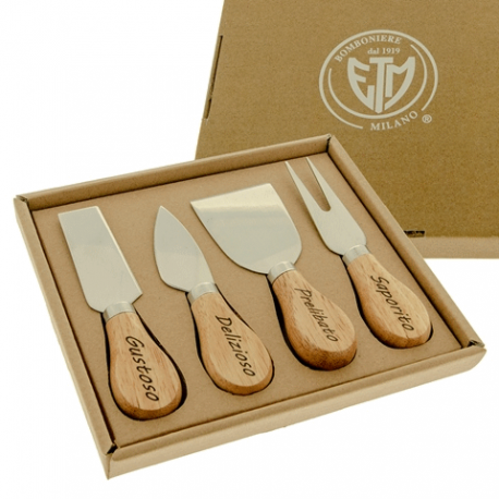 Bomboniera Matrimonio Set 4 pezzi Formaggio Legno e Metallo Con Box