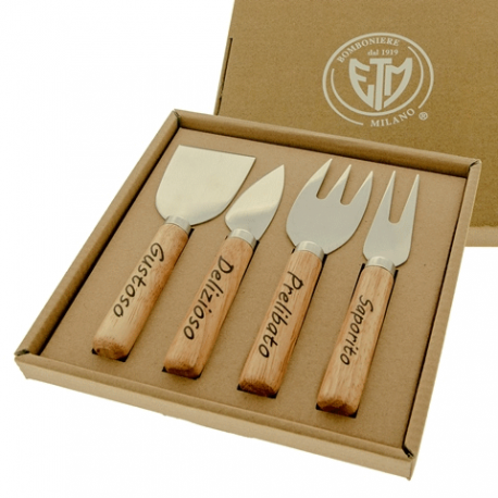 Bomboniera Matrimonio Set 4 pezzi Formaggio Legno e Metallo 15,5 Cm Con Box