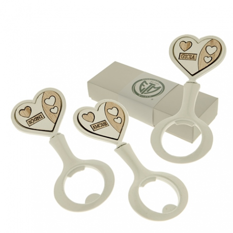 Bomboniera Matrimonio Apribottiglie Legno e Metallo 3 Assortiti Con Box
