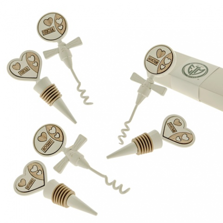 Bomboniera Matrimonio Set Vino Legno e Metallo 3 Assortiti Con Box