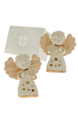 Bomboniera Solidale Battesimo Comunione Cresima Profumatore Angelo Angioletto Led Quadrifoglio 2 Assortiti Con Box