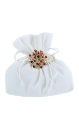 SACCHETTO VELLUTO BIANCO 15X7X16 CM IMBOTTITO CON SPILLA CORONCINA ORO STRASS MULTICOLORE HERVIT