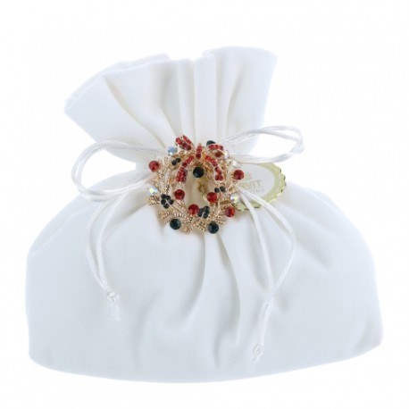 SACCHETTO VELLUTO BIANCO 15X7X16 CM IMBOTTITO CON SPILLA CORONCINA ORO STRASS MULTICOLORE HERVIT
