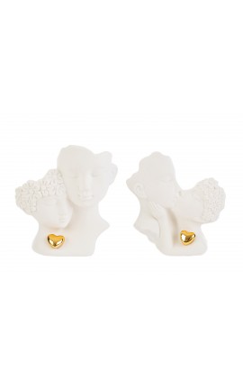 Bomboniera Matrimonio  Coppia Sposi Porcellana Bianco e Oro 2 Assortiti Con Shopper