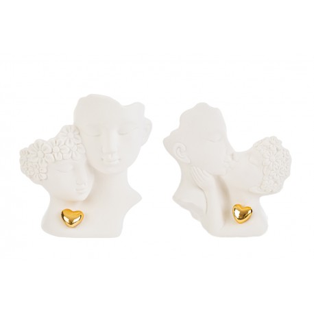 Bomboniera Matrimonio  Coppia Sposi Porcellana Bianco e Oro 2 Assortiti Con Shopper