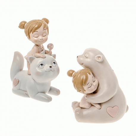 Bomboniera Battesimo Compleanno Nascita Gattino e Orso Con Bimba Rosa 2 Assortiti