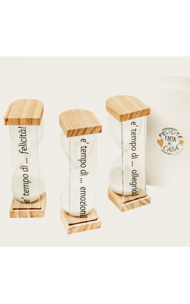 Bomboniera Matrimonio Comunione Clessidra Con Base e Plexiglass Con Frase 3 Assortiti h.14 Cm Con Box