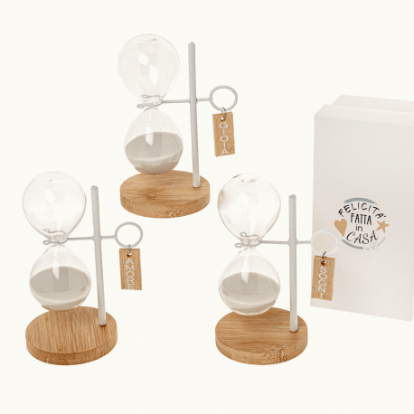 Bomboniera Matrimonio Comunione Clessidra Con Base e Scritta Gioia,Amore,Sogni Con Box