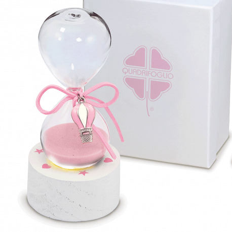 Bomboniera Solidale Battesimo Compleanno Clessidra Mongolfiera Rosa Con Base Led Con Box