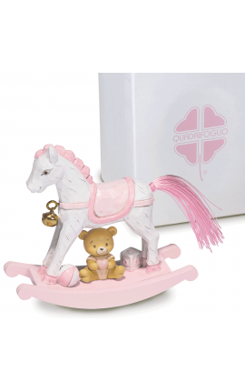 Bomboniera Solidale Battesimo Compleanno Cavalluccio a Dondolo Orsetto Rosa h.10 Cm Con Box