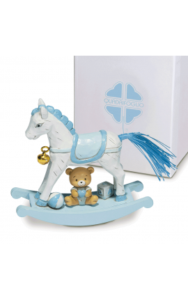 Bomboniera Solidale Battesimo Compleanno Cavalluccio a Dondolo Orsetto Celeste h.10 Cm Con Box