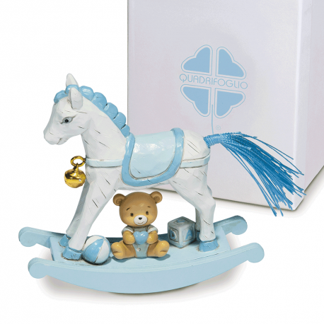 Bomboniera Solidale Battesimo Compleanno Cavalluccio a Dondolo Orsetto Celeste h.10 Cm Con Box